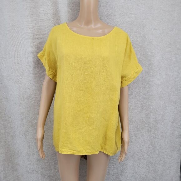 Terzo Millennio Italian Linen High Low Yellow Button-Back Blouse Lagenlook - Picture 2 of 11